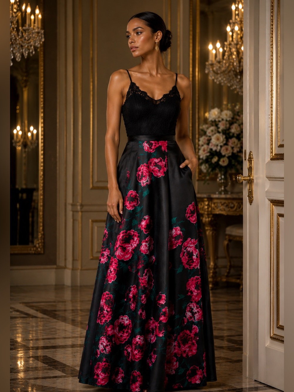 B Darlin Black Lace Bodice Pink Floral Gown Prom Backless Juniors 7/8